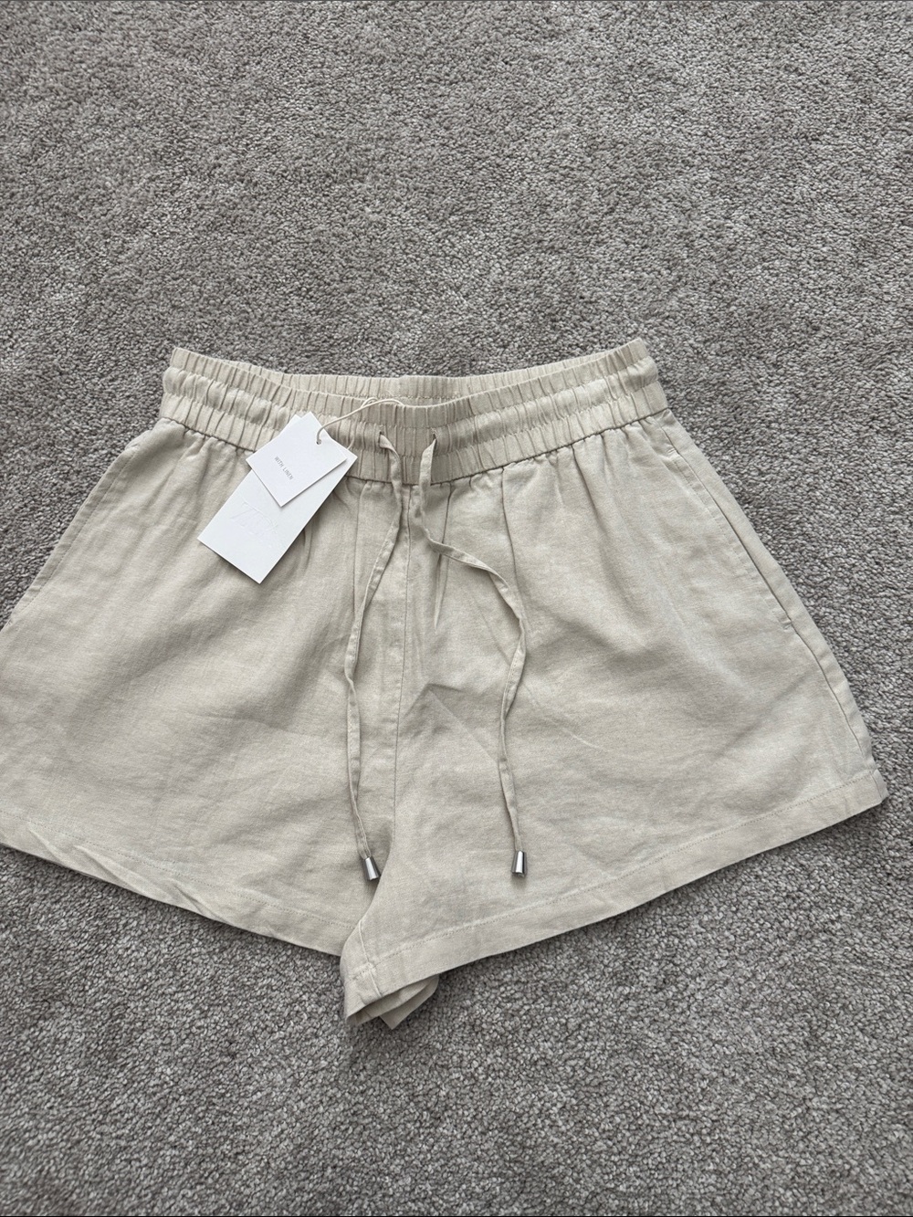 Zara Neutral High-Waist Linen-Blend Drawstring Shorts